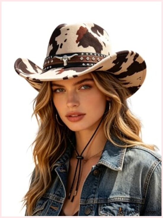 Women\'s Felt Cowboy Hat with Metal Bull Hatband Wide Brim Sun Protection